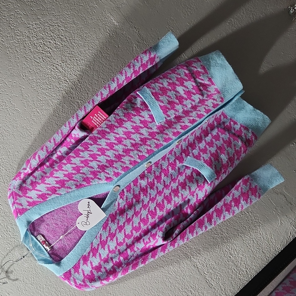 BUNNY LOVE HERRINGBONE OVERSIZE SWEATER TURQUOISE BLUE BRIGHT PINK LONG SLEEVE